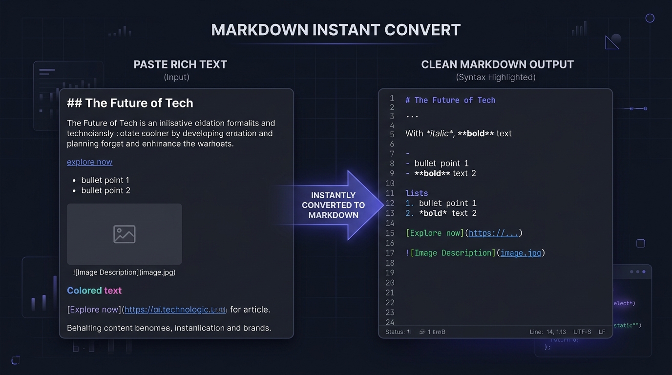 Instant rich text clipboard paste transforming into structured Markdown syntax